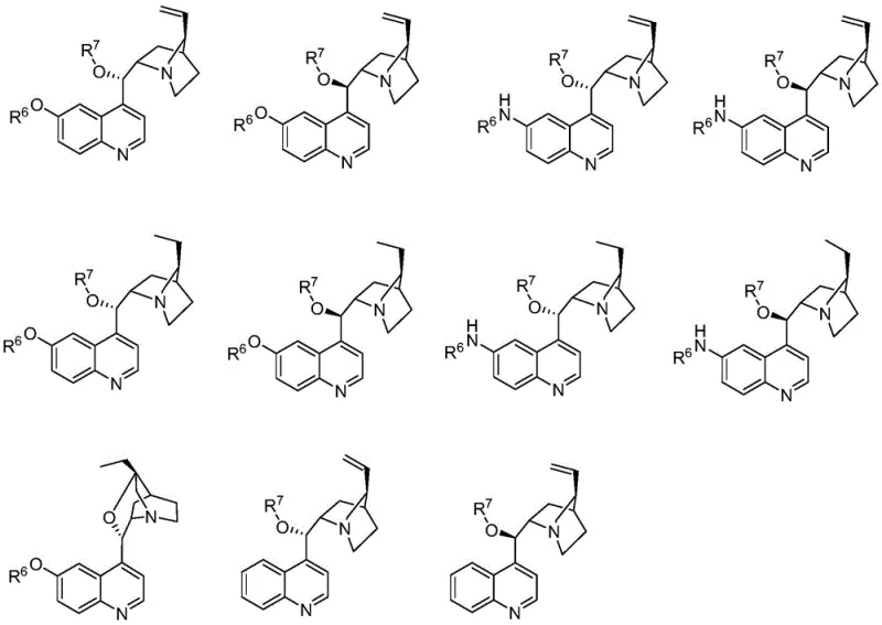 Structural formulas showing diverse cinchona alkaloid derivative catalysts with various R6 and R7 substituent options including oxygen-containing functional groups