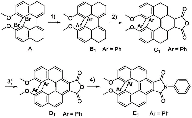 Synthesis route for Example 1 showing steps from precursor A to product E1