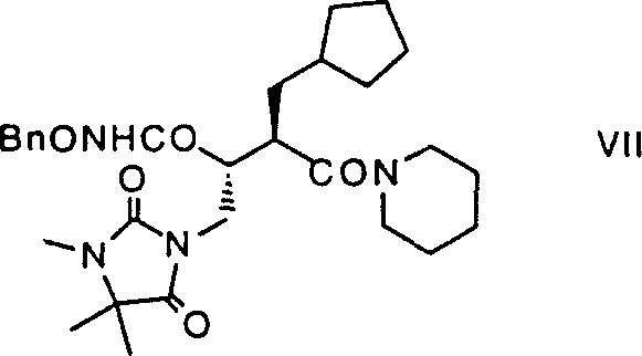 Synthesis pathway showing conversion of compound V to hydroxamic acid derivative I via intermediate VII