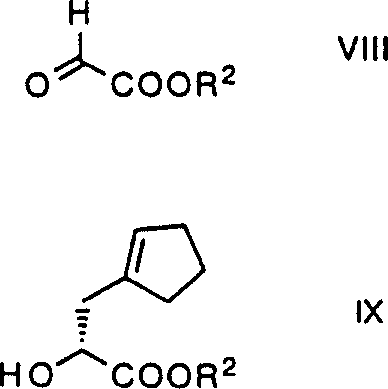 Chiral induction step showing reaction of glyoxylate derivative VIII with methylenecyclopentane to form hydroxyester IX