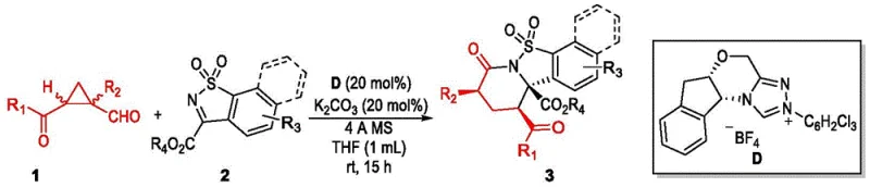 General reaction scheme showing NHC catalyzed cyclization of cyclopropyl aldehyde and sulfimide