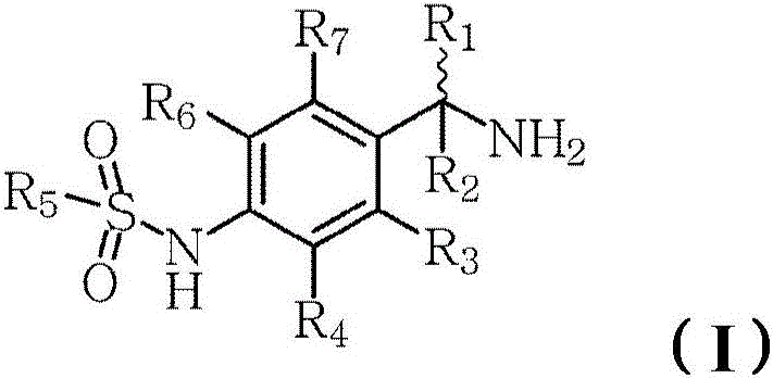 General Formula I of N-[4-(1-aminoethyl)-phenyl]-sulfonamide derivatives subject to chiral resolution