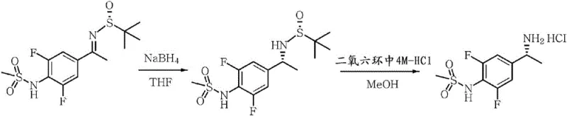 Scheme 2 showing the conventional asymmetric synthesis using Ellman's reagent and hazardous reduction conditions