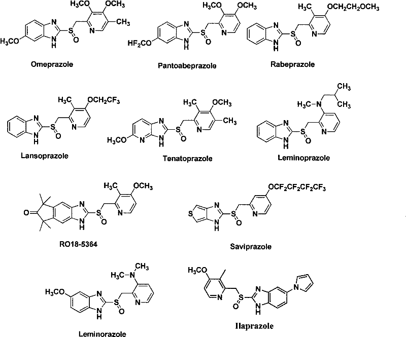 Chemical structures of various proton pump inhibitors including Omeprazole, Pantoprazole, and Lansoprazole synthesized via the patented method