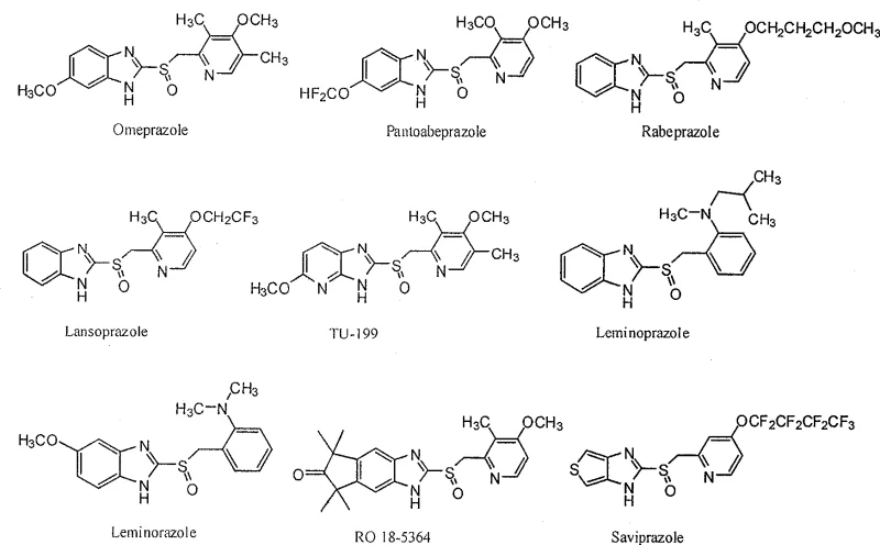 Chemical structures of major proton pump inhibitors including Omeprazole, Pantoprazole, and Rabeprazole featuring the chiral sulfoxide moiety
