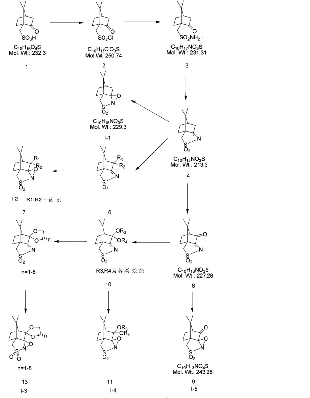 Synthesis pathway of chiral camphor-derived peroxides I-1 to I-5 used as oxidants