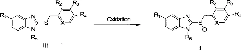 General reaction scheme showing asymmetric oxidation of thioether III to chiral sulfoxide II