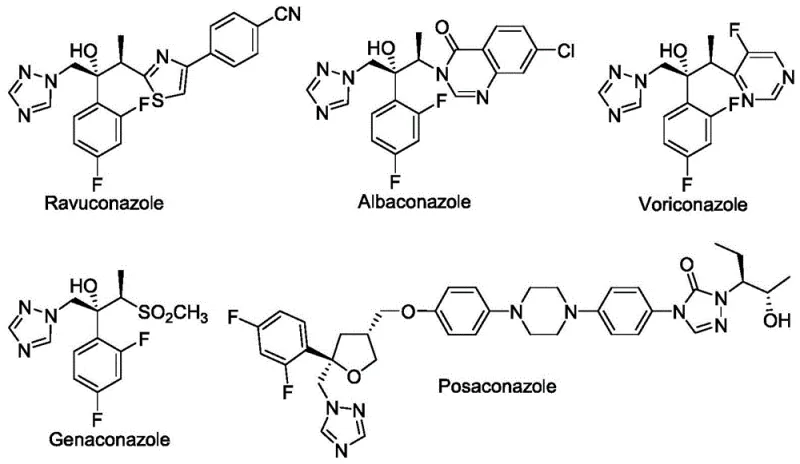 Chemical structures of antifungal drugs like Posaconazole and Ravuconazole synthesized using the chiral intermediates