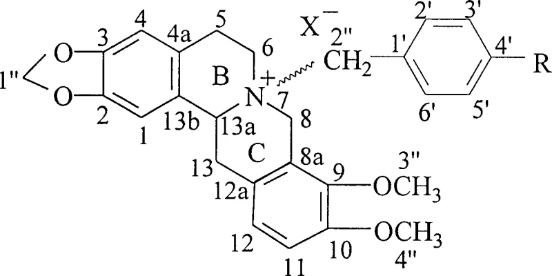 General chemical structure of N-substituted chiral tetrahydroberberine quaternary ammonium compounds showing variable R and X groups