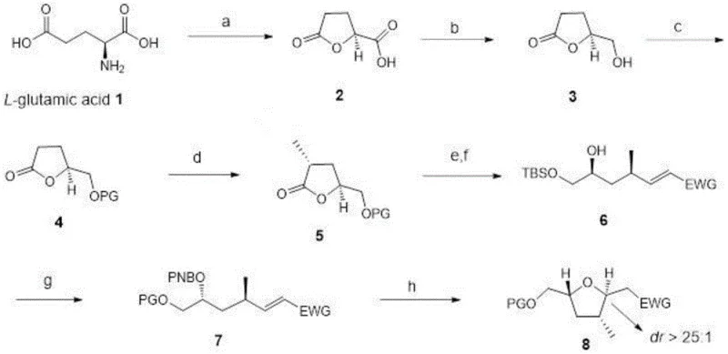Complete synthetic route from L-glutamic acid to multi-chiral tetrahydrofuran derivative