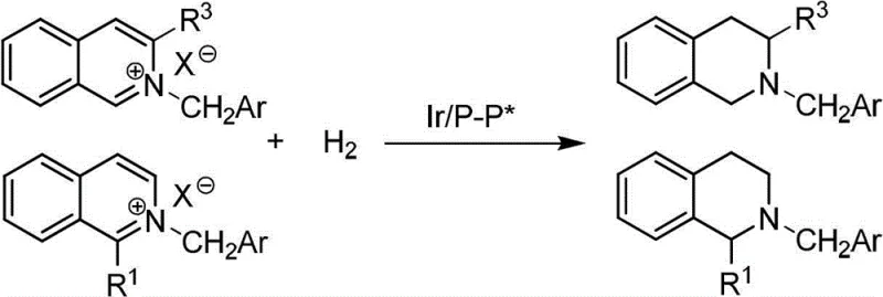 General reaction scheme showing iridium-catalyzed asymmetric hydrogenation of isoquinoline salts to chiral tetrahydroisoquinolines