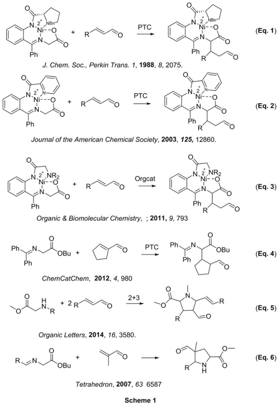 Prior art reaction schemes showing nickel-catalyzed and phase-transfer methods for glycine derivative activation