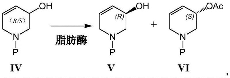 Enzymatic kinetic resolution scheme showing selective acetylation of racemic compound IV