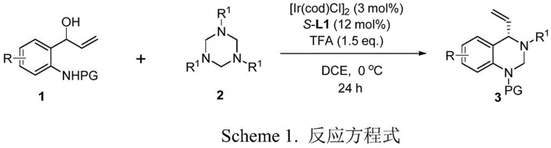 General reaction scheme for iridium-catalyzed asymmetric synthesis of chiral tetrahydroquinazoline derivatives