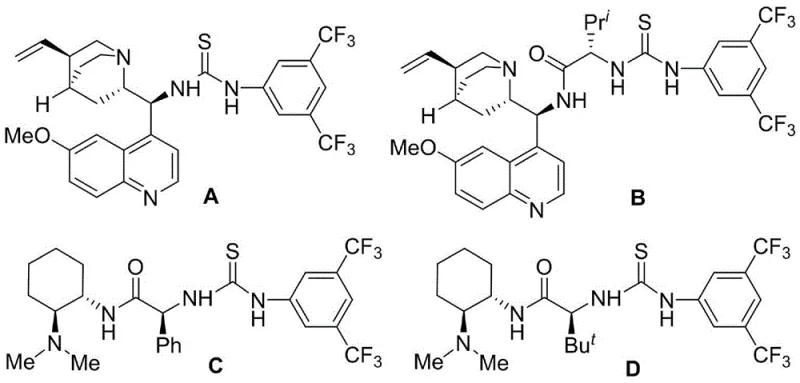 Structures of chiral polyhydrogen bond tertiary amine-thiourea catalysts A, B, C, and D used in the synthesis
