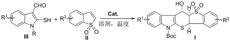 General reaction scheme for the synthesis of chiral thiopyranoindolobenzothiophene sulfone derivatives using organocatalysis