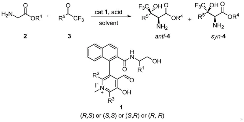 General reaction scheme showing the asymmetric aldol reaction between glycine ester and trifluoromethyl ketone catalyzed by chiral pyridoxal