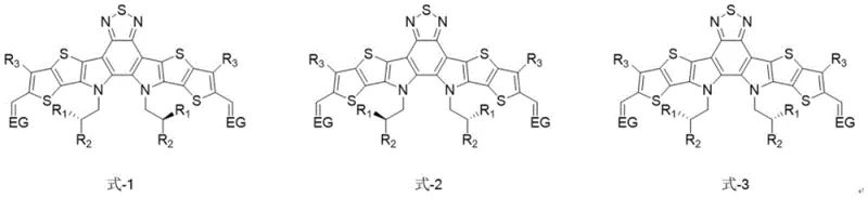 General chemical structures of formulas 1, 2, and 3 showing the core benzothiadiazole fused ring system with chiral alkyl side chains