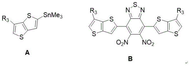 Stille coupling reaction scheme converting dibromo-dinitrobenzothiadiazole to the bis-thienothiophene intermediate