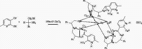 Synthesis reaction scheme of the chiral zinc complex from 6-methyl-2-cyano-3-hydroxypyridine and D-phenylglycinol