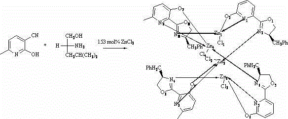 Synthesis reaction scheme of the chiral zinc complex from 6-methyl-2-cyano-3-hydroxy pyridine and D-phenylalaninol