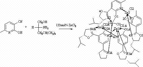 Synthesis reaction scheme of the chiral zinc complex from 6-methyl-2-cyano-3-hydroxypyridine and L-leucinol