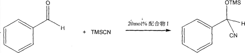Catalytic application scheme showing the cyanosilylation of benzaldehyde using the chiral zinc complex