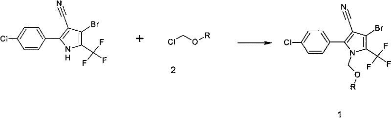 General reaction scheme showing the N-alkylation of the pyrrole nitrile with chloromethyl ether in ketone solvent
