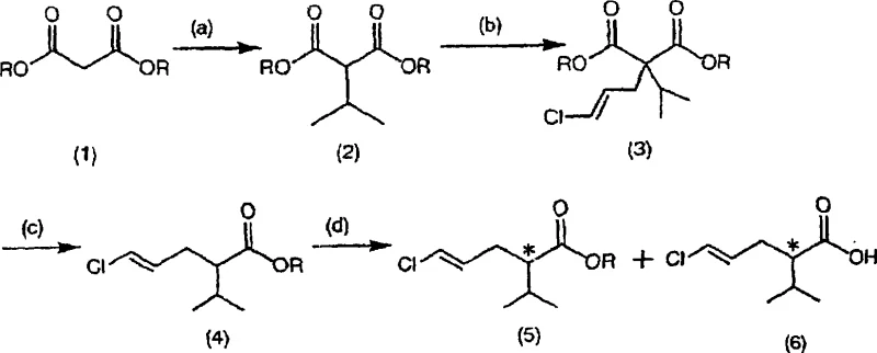 General reaction scheme showing the conversion of dimethyl malonate to the target pentenoic acid ester via sequential alkylation and decarboxylation