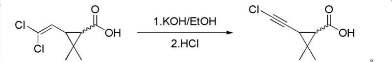 Reaction scheme showing the conversion of dichlorovinyl precursor to chloroethynyl product using KOH/EtOH followed by acidification