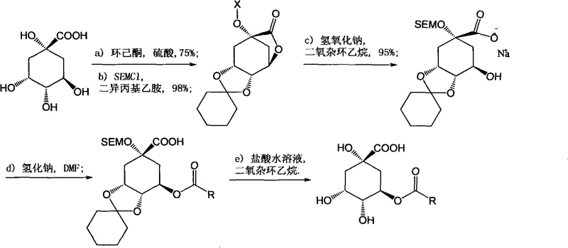 General reaction scheme showing the condensation of phenylacrylic acid derivatives with protected quinic acid using DCC