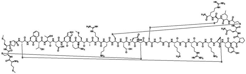 Molecular structure of Chlorotoxin showing the 36-amino acid sequence and four critical disulfide bridges