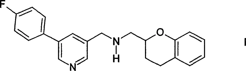 Reaction scheme showing reductive amination of 5-(4-fluorophenyl)pyridine-3-carbaldehyde with aminomethylchroman