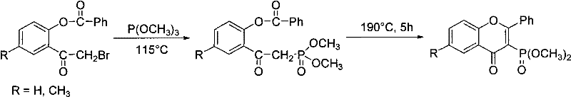 Conventional synthesis route of flavone-3-phosphonates showing harsh conditions