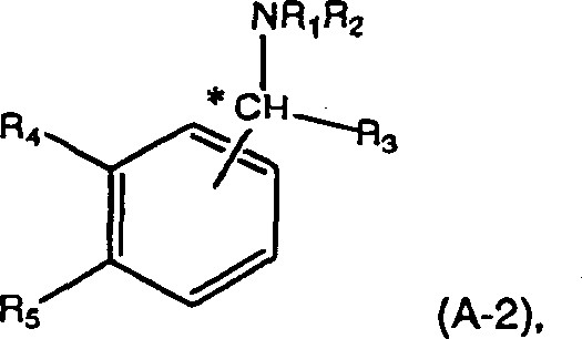 General Formula A-2 representing optically active organic amines used for resolution