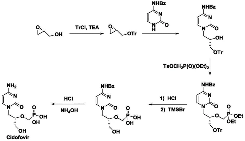 Traditional multi-step synthesis route for Cidofovir using chiral pool starting materials