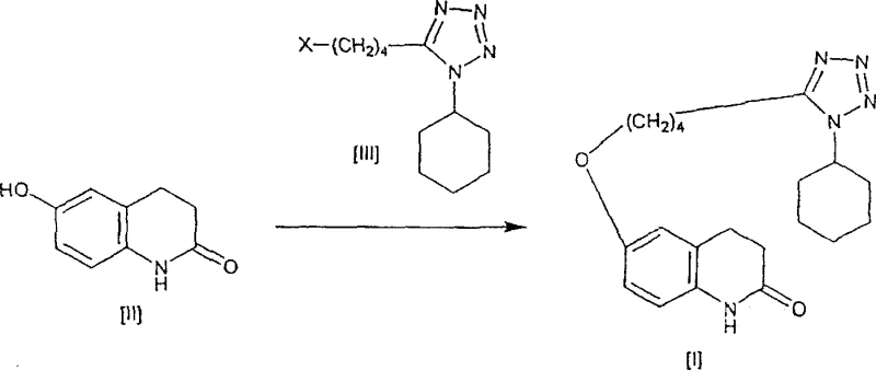 Reaction Scheme 1 showing the synthesis of Cilostazol from quinolone and tetrazole derivatives in aqueous base