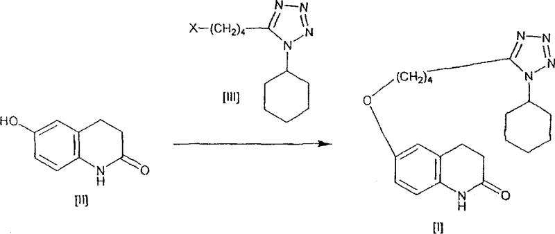 Reaction scheme showing the alkylation of 6-hydroxy-3,4-dihydroquinolinone with a tetrazole derivative in aqueous media to form cilostazol