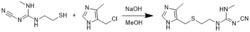 Final coupling reaction step showing the formation of the thioether bond in Cimetidine