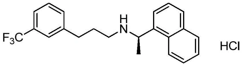 Chemical structure of Cinacalcet Hydrochloride showing the naphthyl and trifluoromethyl phenyl moieties