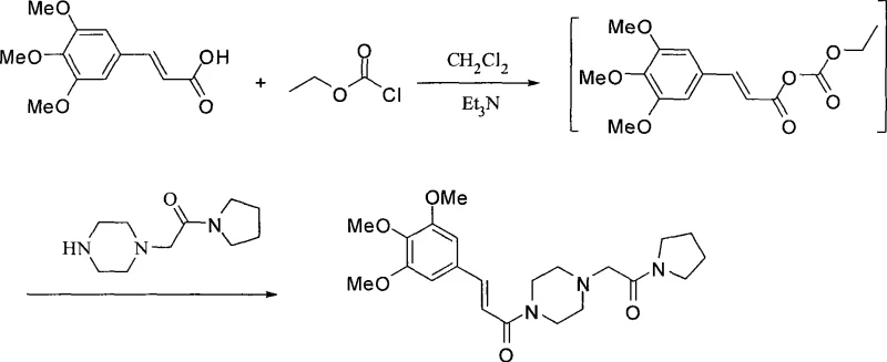 Reaction scheme showing ethyl chloroformate activation and amidation to form Cinepazide free base