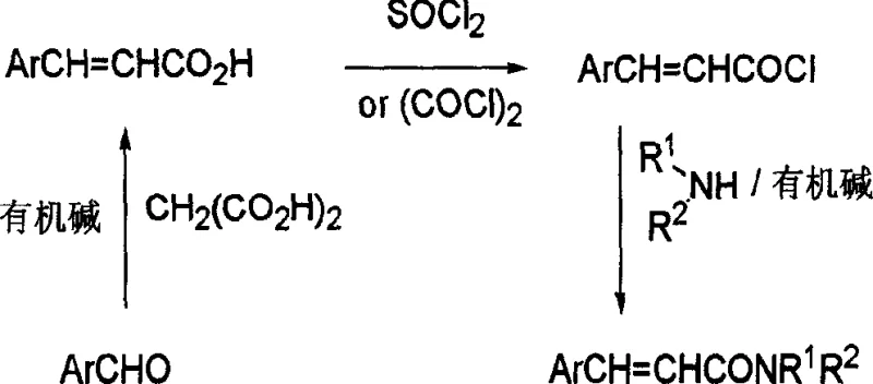 Conventional linear synthesis of cinnamamide via cinnamic acid and acid chloride intermediates