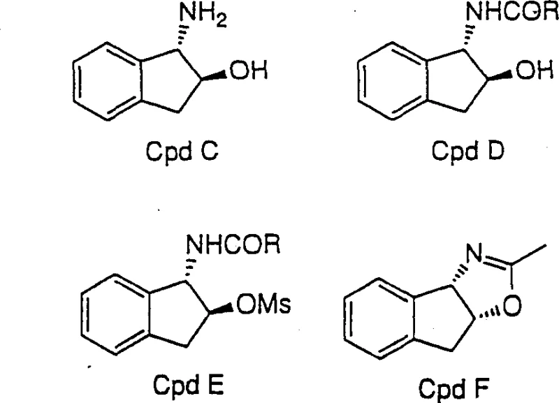 Conventional multi-step synthesis route showing conversion of indene oxide to trans-isomer C, then to amide D, mesylate E, and oxazoline F