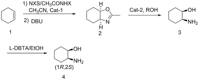 Reaction scheme showing the three-step synthesis of cis-2-aminocyclohexanol from cyclohexene via an oxazoline intermediate