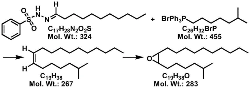 Complete synthetic route showing reactants molecular weights and final pheromone intermediate structure