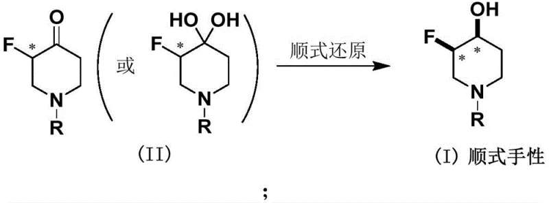 General reaction scheme showing cis-reduction of fluorocarbonyl or dihydroxy compounds to cis-chiral-3-fluoro-4-hydroxypiperidine derivatives