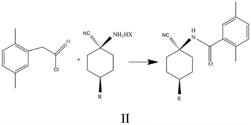Reaction scheme showing the conversion of the cis-amine salt to Compound II using 2,5-dimethylphenylacetyl chloride