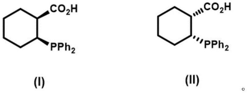Chemical structures of optically pure cis-2-(diphenylphosphino)-1-cyclohexanecarboxylic acid enantiomers (I) and (II)