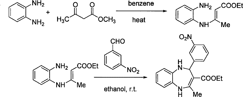 Conventional stepwise synthesis of benzodiazepine derivatives showing complex multi-step reaction pathway