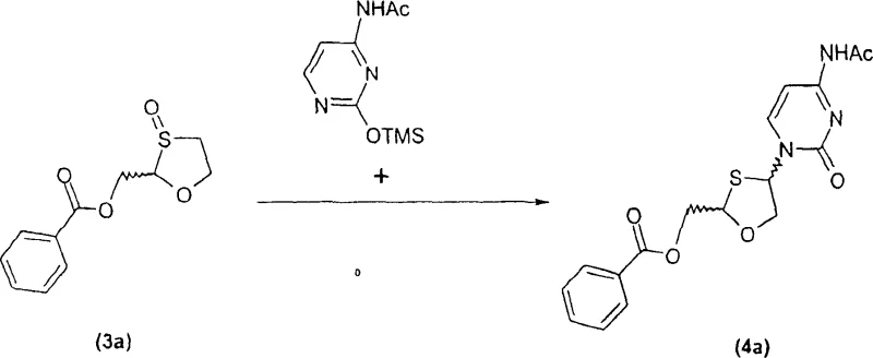Reaction scheme for enantioselective synthesis using enantiomerically pure sulfoxide to produce chiral nucleoside